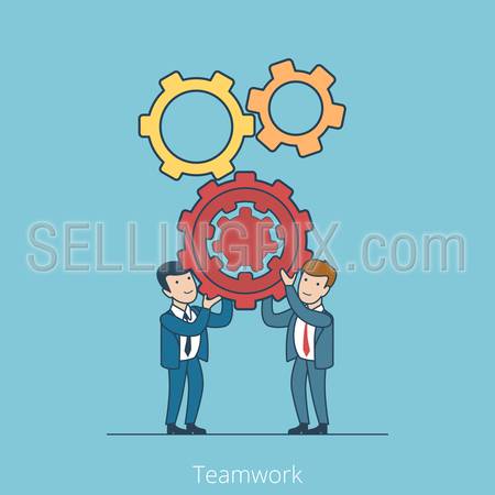 Linear Flat Business people holding gearwheels vector illustration. 
Teamwork concept.