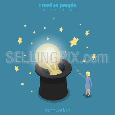 Flat isometric Businesswoman light up lamp in cylinder hat with magic wand vector illustration. 
Innovation in business 3d isometry concept.