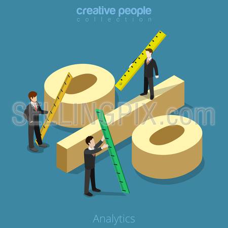 Flat isometric Businessman measure huge percentage sign vector illustration. 
Analytics business 3d isometry concept.