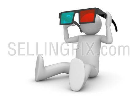 Character wearing 3d stereo anaglyph glasses. Cinema visitor. Isolated. One of a 1000+ 3d characters series.