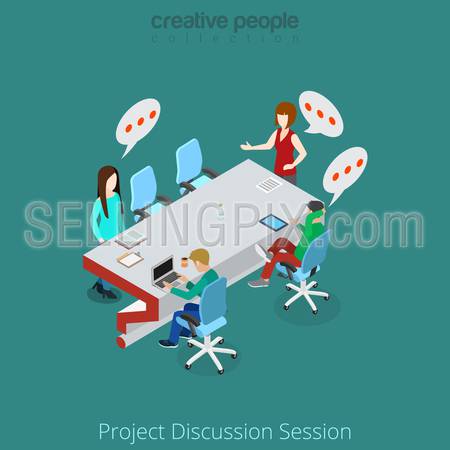 Flat isometric Business people discuss project in meeting room vector illustration. Business brainstorming 3d isometry concept.