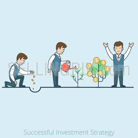 Linear Flat Businessman plant seeds, watering sprout, happy rejoice for grown coins vector illustration. Successful Investment Business Strategy concept.