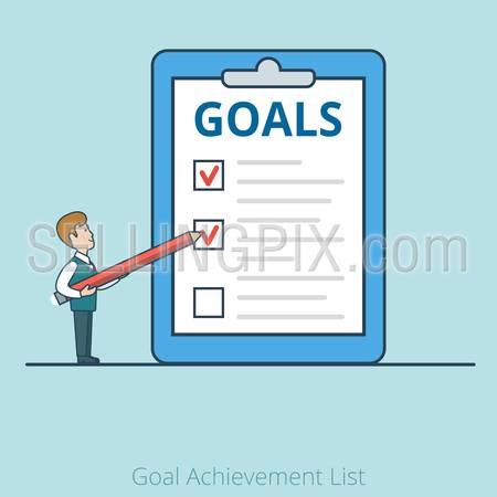Linear Flat Businessman working with checklist on paper sheet vector illustration. 
Goal Achievement List business concept.