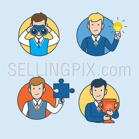 Linear Flat Businessman looking binoculars, holding lamp, puzzle and cup vector illustration. Research, Idea, Work, Success business concept.