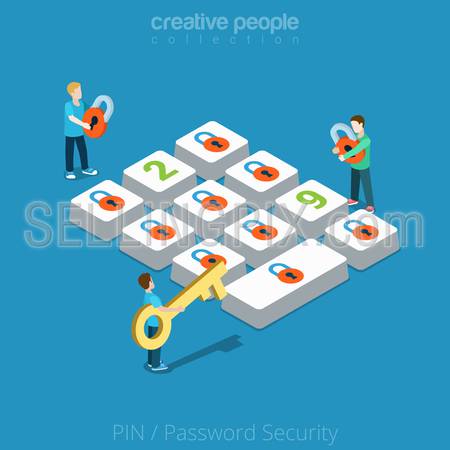 Flat isometric Micro men hold lock and key near huge button vector illustration. People choose Security Password, PIN 3d isometry concept.