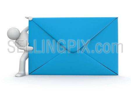 E-mail and character. Blue envelope. Isolated. One of a 1000+ 3d characters series.