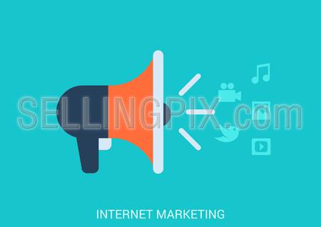 Flat style design vector illustration internet online marketing smm smo concept. Loudspeaker icon spreading streaming content media message image social post status video audio music. Big collection.