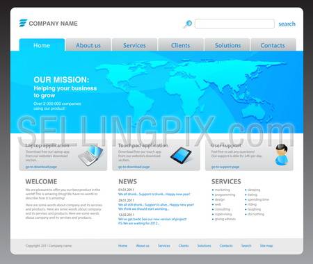 100% vector. 2011 modern website template. Ready to use webpage with logo, navigation, world map, icons, buttons, typography, search bar and other interface elements. Unique icons, unified style.