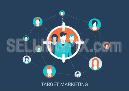 Flat style design vector illustration marketing targeting concept. Target group of people in sight marker connected with other abstract profile avatars. Big flat conceptual collection.