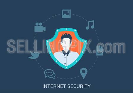Flat style design vector illustration internet online security concept. Man profile avatar in shield with social media content chat document video map pin music image photo icons. Big flat conceptual collection.