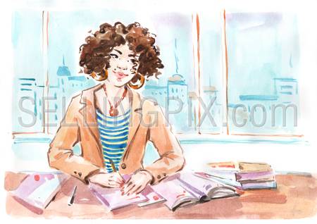 Watercolor painting girl student sitting by desk in classroom writing notebook on lesson. Education study knowledge concept. Collection of hand made water color art paintings.