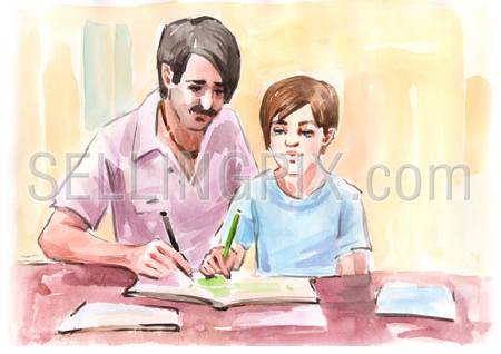 Watercolor painting father and boy doing homework parenting concept. Education study knowledge concept. Collection of hand made water color art paintings.