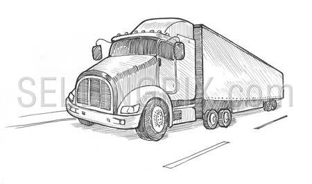 Engraving style hatching pen pencil painting illustration truck with cargo on the road image. Delivery transport logistics. Engrave hatch lithography drawing collection.