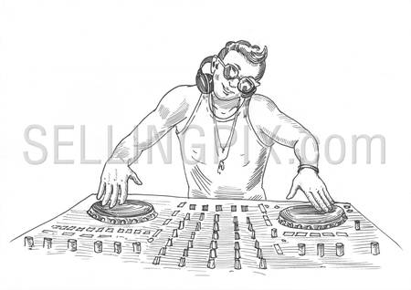 Engraving style hatching pen pencil painting illustration DJ deejay booth at work image. Engrave hatch lithography drawing collection.