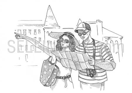 Engraving style pen pencil crosshatch hatching paper painting couple tourists navigating map sightseeing. Engrave design big conceptual collection.