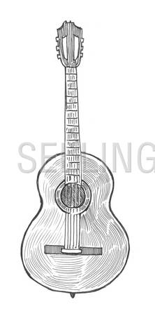 Engraving style pen pencil rapidograph paper painting classic string guitar musical instrument. Engrave design big conceptual collection