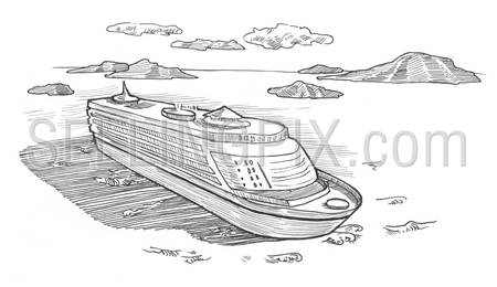 Engraving style hatching pen pencil painting illustration ocean cruise ship boat liner tourism passenger transportation around world image. Engrave hatch lithography drawing collection.