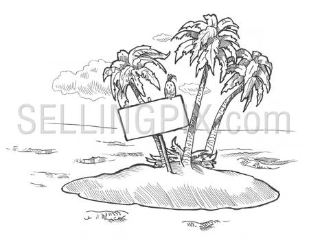 Engraving style hatching pen pencil painting illustration travel tourism empty background signpost waypoint white board concept on uninhabited desert island image. Engrave hatch drawing collection