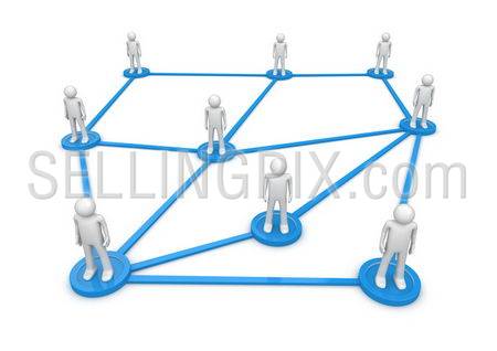 Social network concept. People standing on pedestals connected by lines. Isolated. One of a 1000+ characters series.
