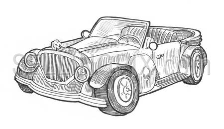 Engraving style hatching pen pencil painting illustration retro car convertible cabrio image. Engrave hatch lithography drawing collection.