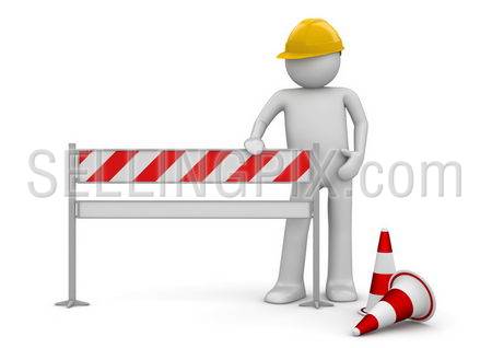 Under construction concept. Worker stands by the barrier. One of a 1000+ series.