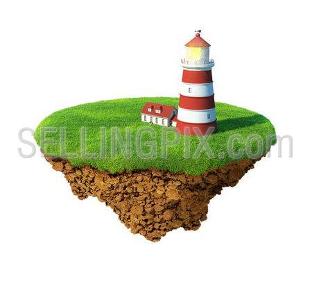 Lighthouse on the island. Detailed ground in the base. Concept of success and happiness, idyllic ecological lifestyle.