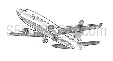 Engraving style hatching pen pencil painting illustration passenger plane aircraft flying in the sky image. Engrave hatch lithography drawing collection.