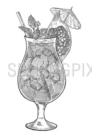 Engraving style hatching pen pencil painting illustration cocktail ice glass umbrella mojito image. Engrave hatch lithography drawing collection.