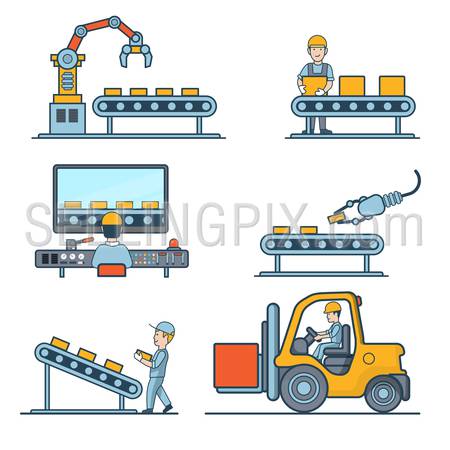 Linear Flat industrial manufacture conveyor and warehouse storage machines vector illustration set. Business production process concept. Packaging, transporting, managing in control center.