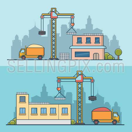 Linear Flat construction site vector illustration set. Building process business concept. Crane constructing concrete panels, tipper truck with sand.
