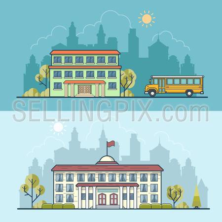 Flat school building facade entrance, bus and municipal governmental center vector illustration set. Modern and classic city architecture concept.