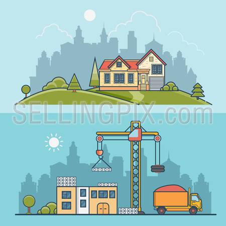 Linear Flat construction site and suburb house vector illustration set. Building process business concept. Crane constructing concrete panels, tipper truck with sand, home on green lawn meadow.