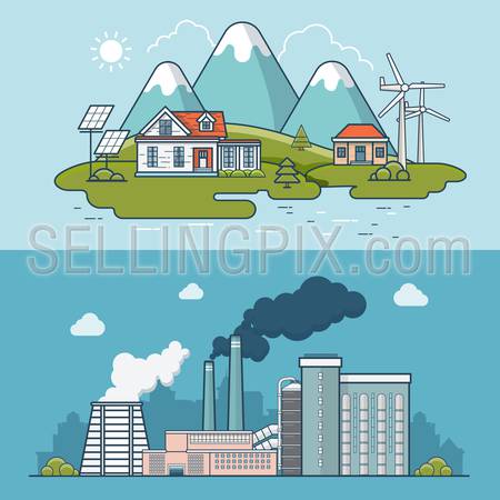 Linear Flat modern eco friendly town compared to heavy industry polluted plant vector illustration. Ecology and nature pollution concept.