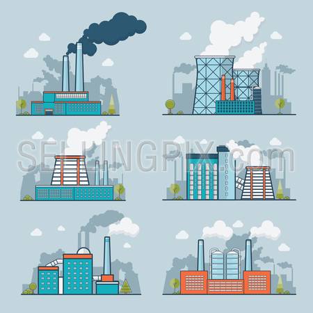 Linear Flat modern heavy industry nature pollution plant vector illustration set. Ecology and nature polluted concept.