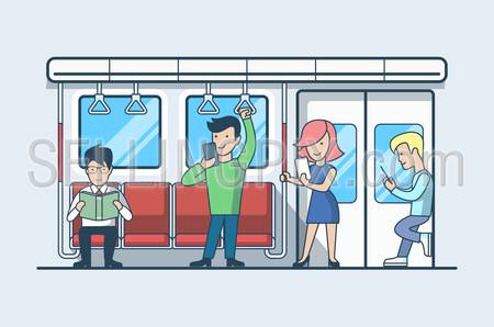 Linear Flat people in underground coach or railway carriage vector illustration. Transportation and mobile generation concept. Boys and girls with smartphones, businessman, reading book.