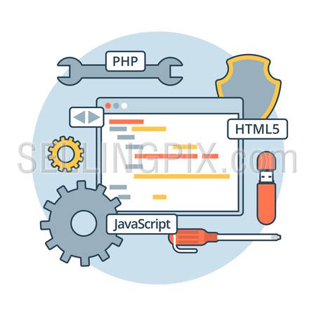 Linear Flat web application code vector illustration. App development concept. PHP, JavaScript, HTML5, cogwheels, screwdriver and program editor interface.