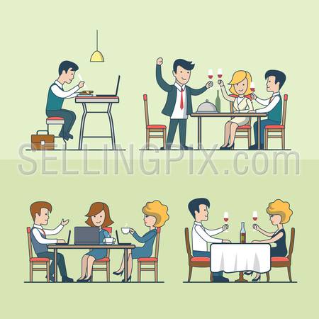 Linear Flat people in restaurant vector illustration set. Food and drink concept. Dinner, celebration, supper, lunch and businessmen, businesswomen.