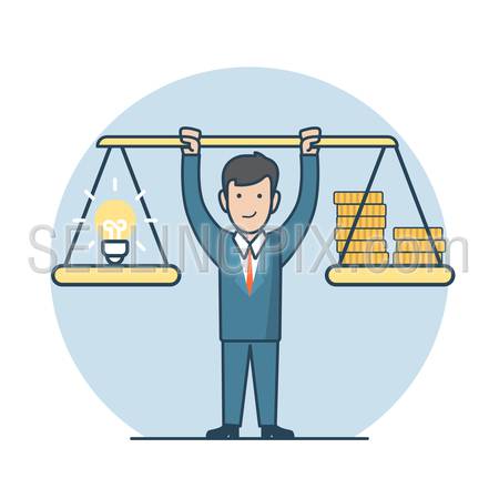 Linear Flat businessman rising scales with idea and money vector illustration. Investment and idea sale business concept.