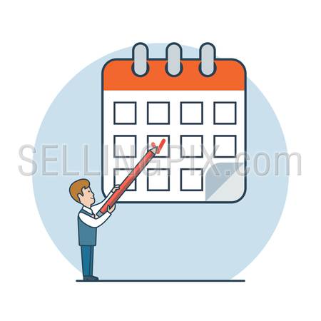 Linear Flat businessman draw checkmark on calendar vector illustration. Deadline, process schedule business concept.