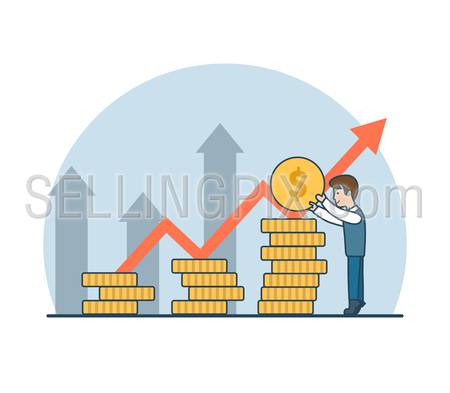 Linear Flat businessman put coin on growing profit graphic vector illustration. Success in business concept.
