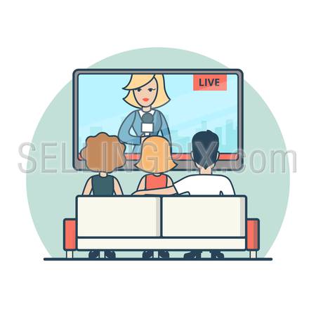 Linear Flat people watching news on TV vector illustration. Live news airing media concept.