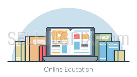 Flat laptop with book on screen vector illustration. Online education course and knowledge concept.