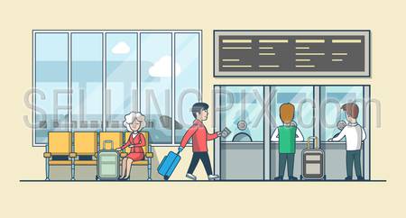 Linear Flat people on railway station waiting hall and cashier ticket desk office vector illustration. Public transportation concept.