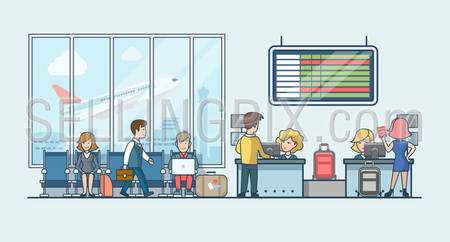 Linear Flat people on airport waiting hall and flight registration luggage stripe vector illustration. Public transportation concept.