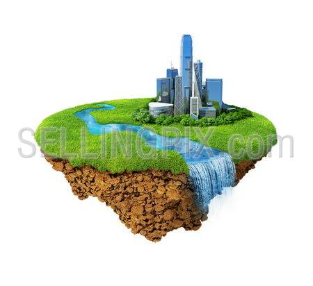 Cityscape on a lawn with river, waterfall. Fancy island in the air isolated. Detailed ground in the base. Concept of success and happiness, idyllic modern harmony lifestyle.