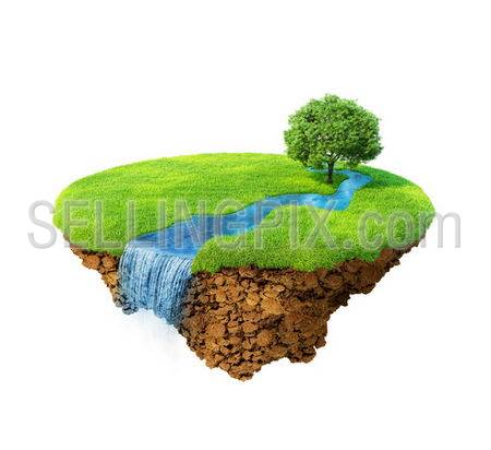 Idyllic natural landscape. Lawn with river, waterfall and one tree. Fancy island in the air isolated. Detailed ground in the base. Concept of success and happiness, idyllic ecological lifestyle.