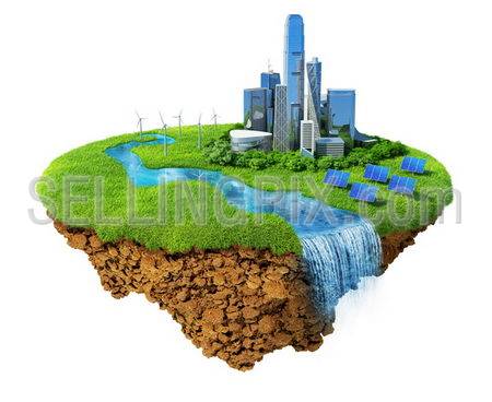 Eco city concept. Cityscape on a lawn with river, waterfall. Fancy island in the air isolated. Detailed ground in the base. Concept of success and happiness, idyllic modern harmony lifestyle.