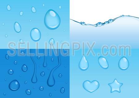 4 vector water backgrounds with drops and bubbles, boil effect. Concept of purity, freshness, spa, healthy lifestyle. Water vectors collection.