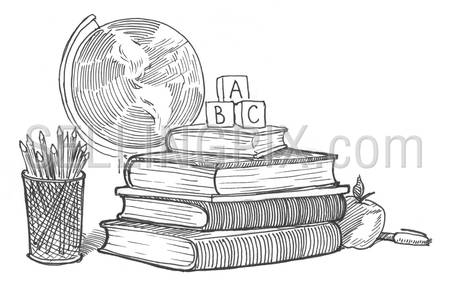 Engraving style hatching pen pencil painting illustration education collage concept image. ABC cubes, books, globe, apple, pen, pencils. Engrave hatch lithography drawing collection.