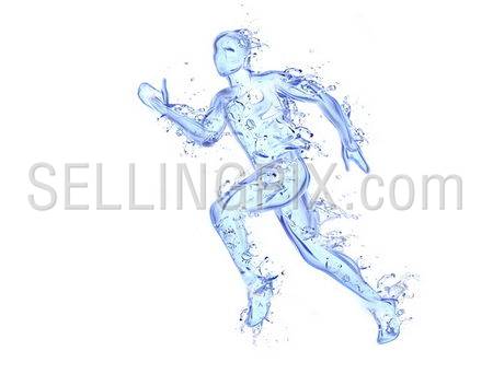 Running man liquid artwork – Athlete figure in motion made of water with falling drops